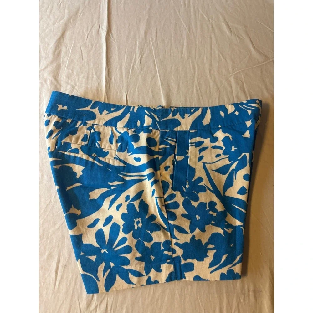 J.crew Floral Print Chino Shorts Womens Size 10 Blue White Mid Rise Side Zipl